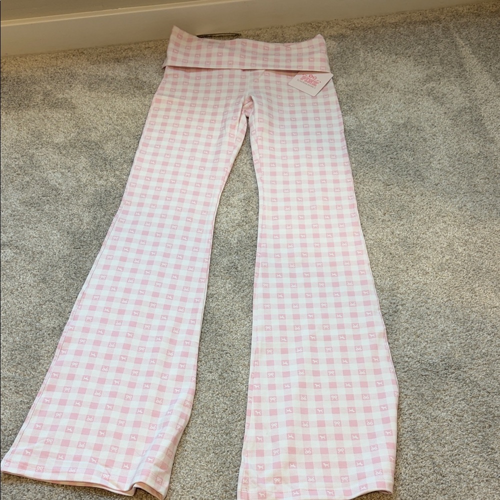 LoveShackFancy Pink and Cream Checkered Fabric pants